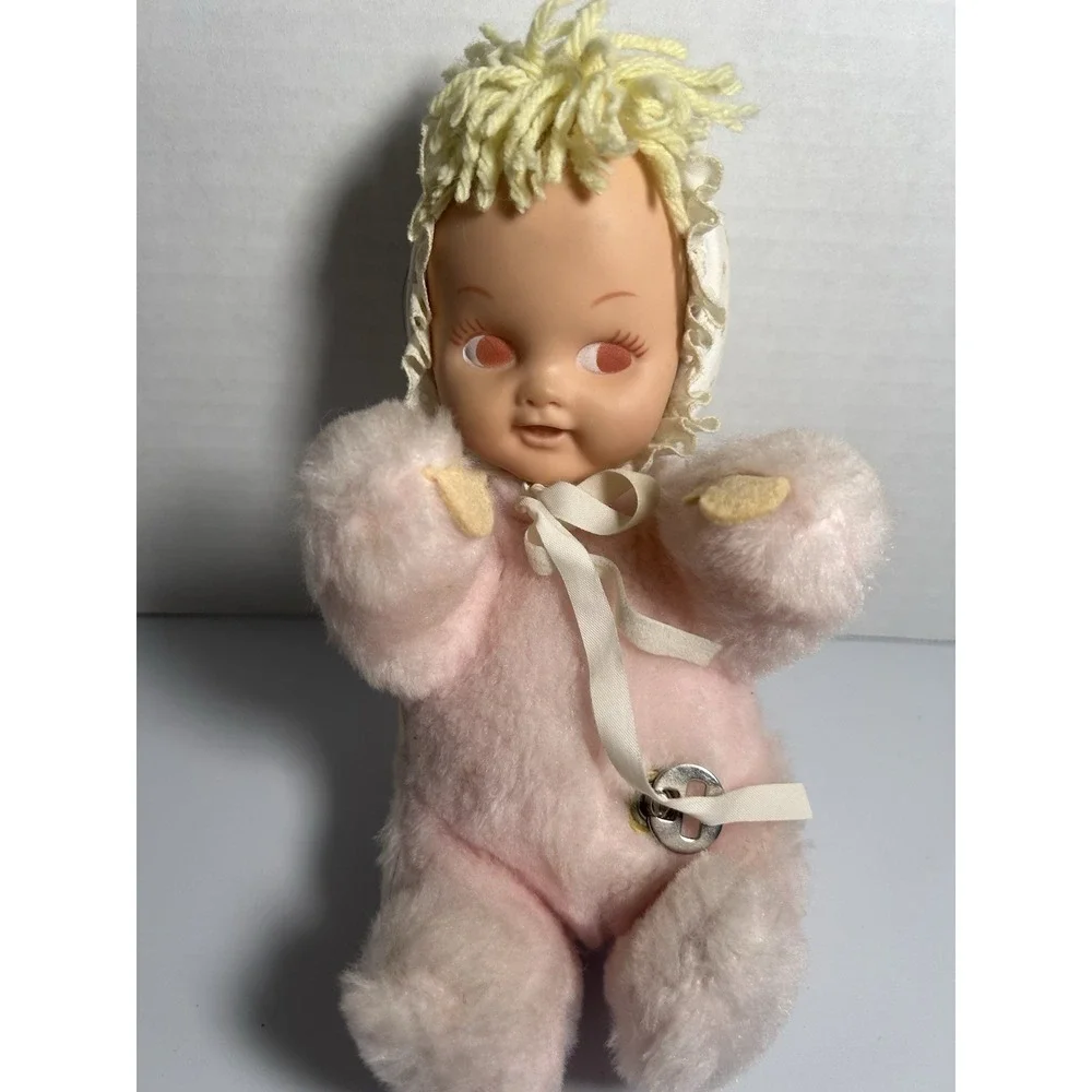 Vintage Eden Baby Doll Rubber Face Wind Up Musical Pink Plush Toy